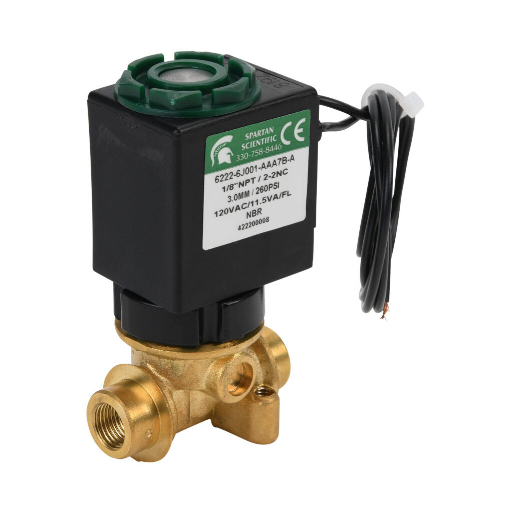 6222-6J001-AAA7B-A - Spartan solenoid valve, 2-way, 2-position, N.C., low lead brass body, FKM seal(s), 1/8in female NPT inlet(s), 1/8in female NPT outlet(s), Cv=0.31, vacuum minimum operating pressure, 120 VAC operating voltage, 18in 22 AWG pigtail.