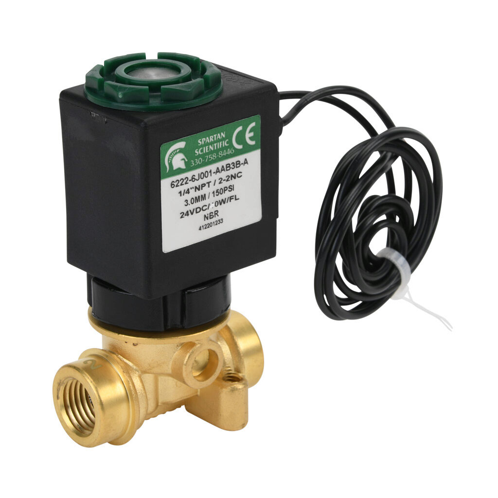 6222-6J001-AAB3B-A - Spartan solenoid valve, 2-way, 2-position, N.C., low lead brass body, FKM seal(s), 1/4in female NPT inlet(s), 1/4in female NPT outlet(s), Cv=0.31, vacuum minimum operating pressure, 24 VDC operating voltage, 18in 22 AWG pigtail.