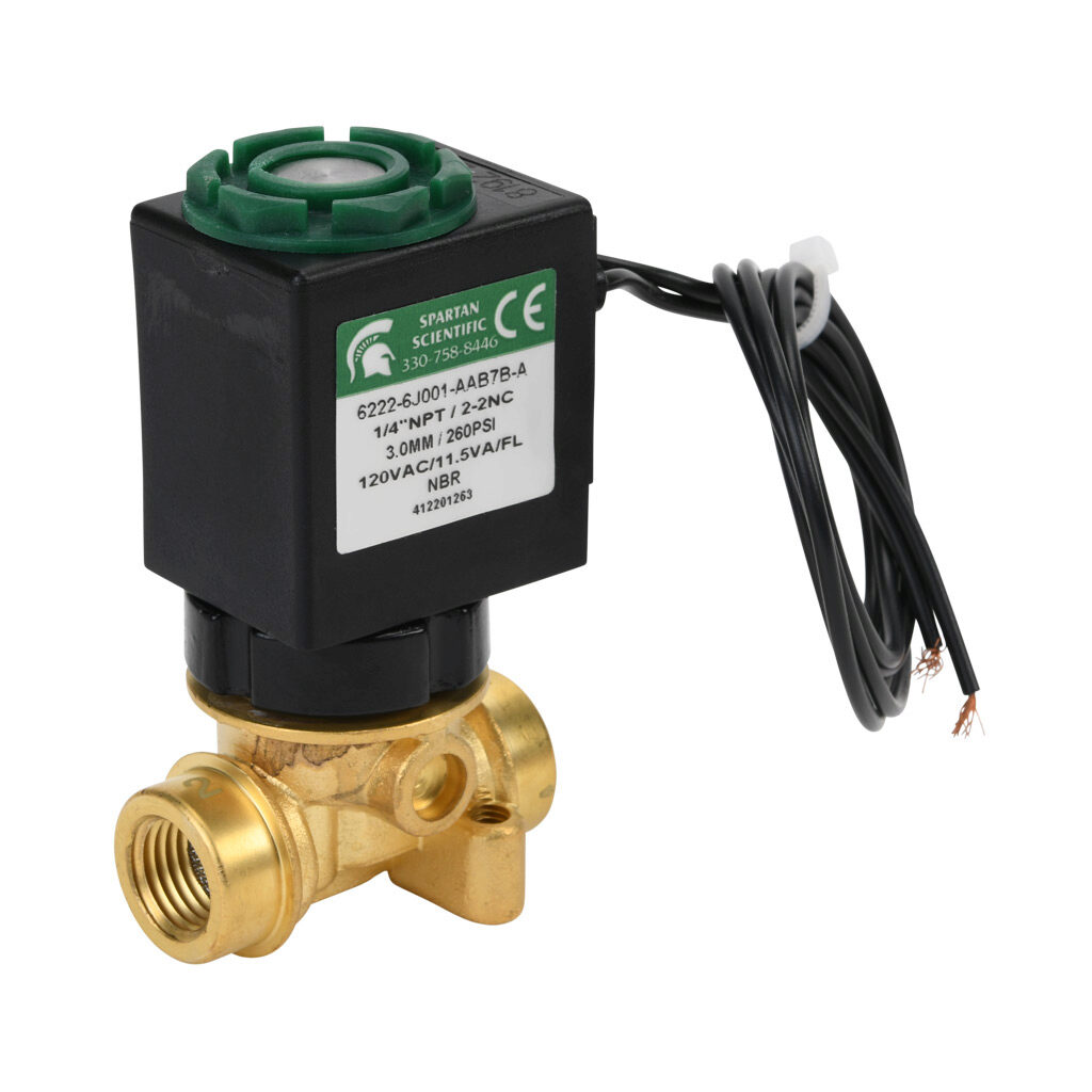 6222-6J001-AAB7B-A - Spartan solenoid valve, 2-way, 2-position, N.C., low lead brass body, FKM seal(s), 1/4in female NPT inlet(s), 1/4in female NPT outlet(s), Cv=0.31, vacuum minimum operating pressure, 120 VAC operating voltage, 18in 22 AWG pigtail.