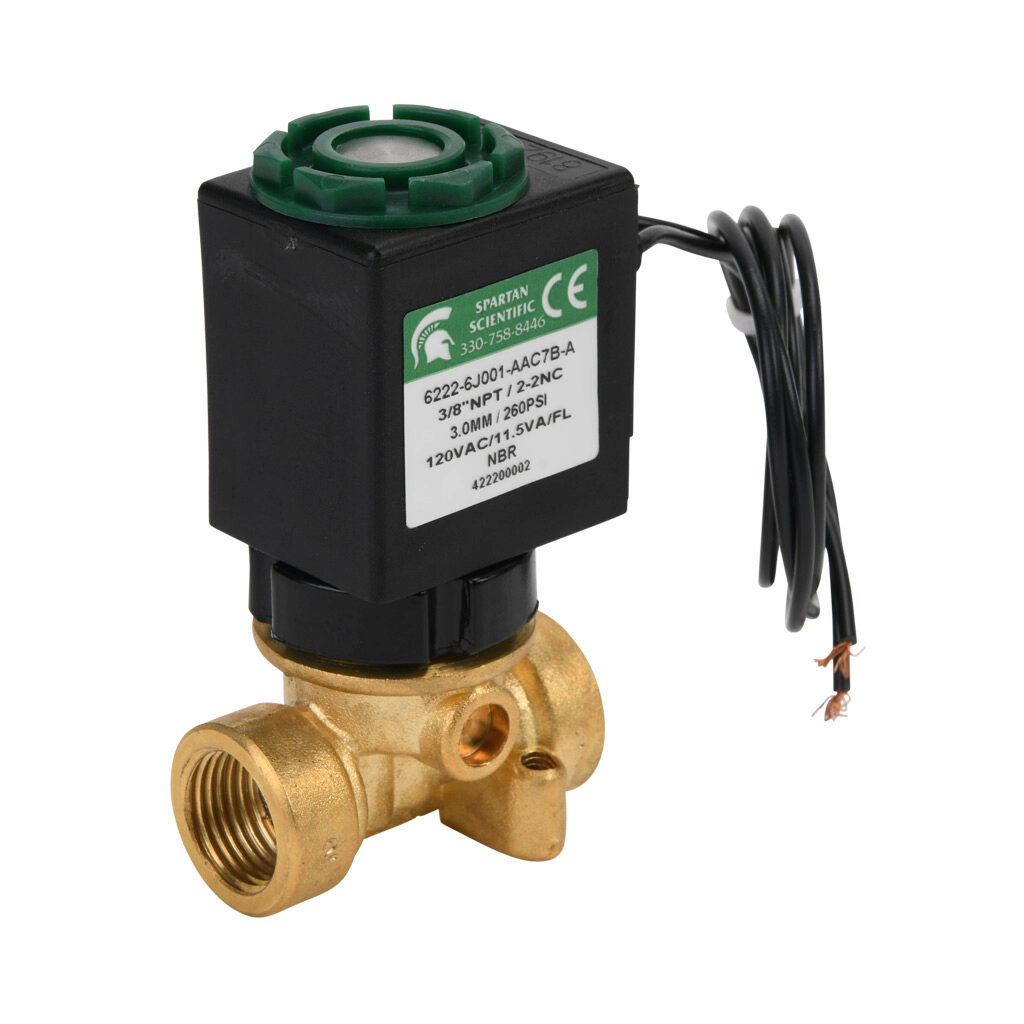 6222-6J001-AAC7B-A - Spartan solenoid valve, 2-way, 2-position, N.C., low lead brass body, FKM seal(s), 3/8in female NPT inlet(s), 3/8in female NPT outlet(s), Cv=0.31, vacuum minimum operating pressure, 120 VAC operating voltage, 18in 22 AWG pigtail.
