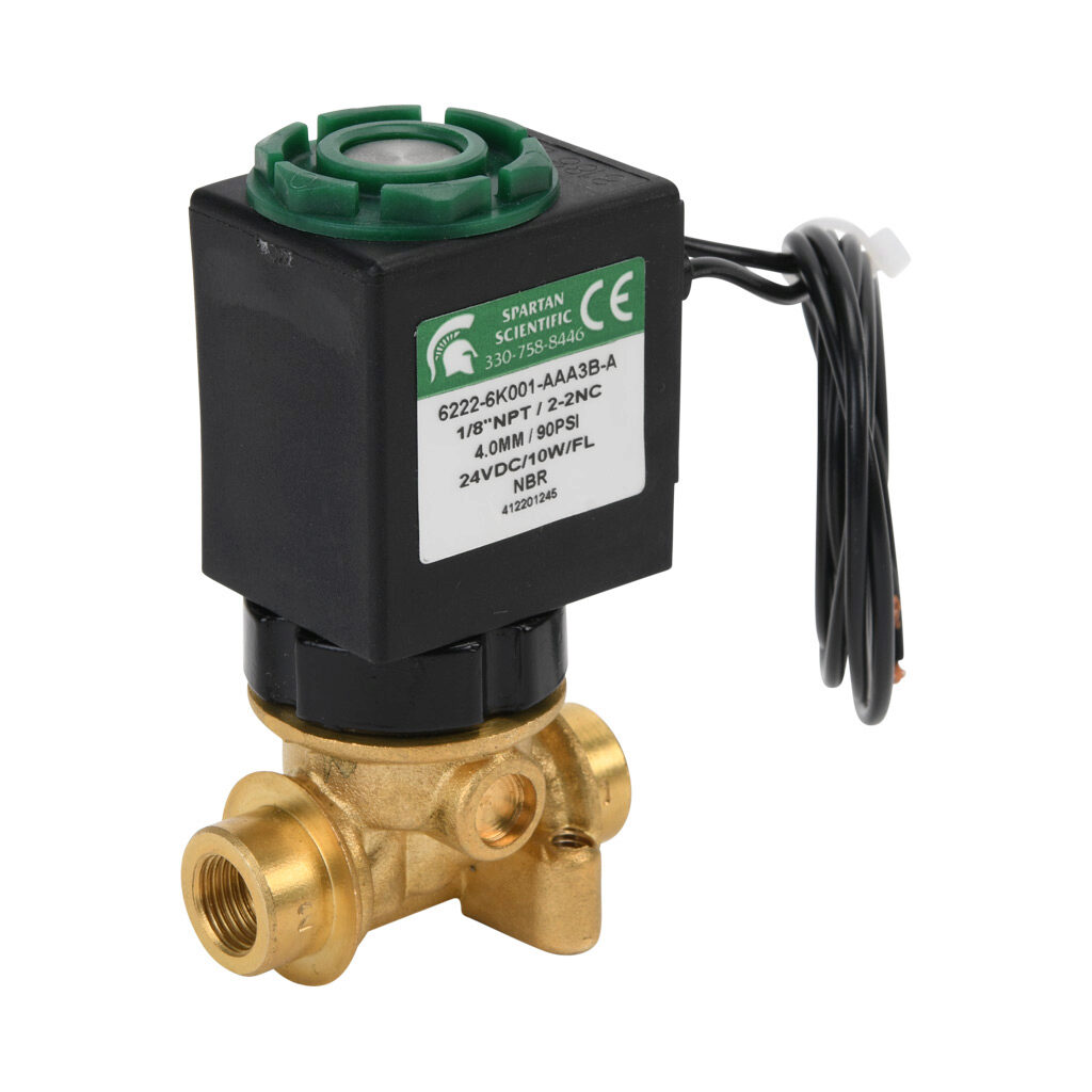 6222-6K001-AAA3B-A - Spartan solenoid valve, 2-way, 2-position, N.C., low lead brass body, FKM seal(s), 1/8in female NPT inlet(s), 1/8in female NPT outlet(s), Cv=0.52, vacuum minimum operating pressure, 24 VDC operating voltage, 18in 22 AWG pigtail.