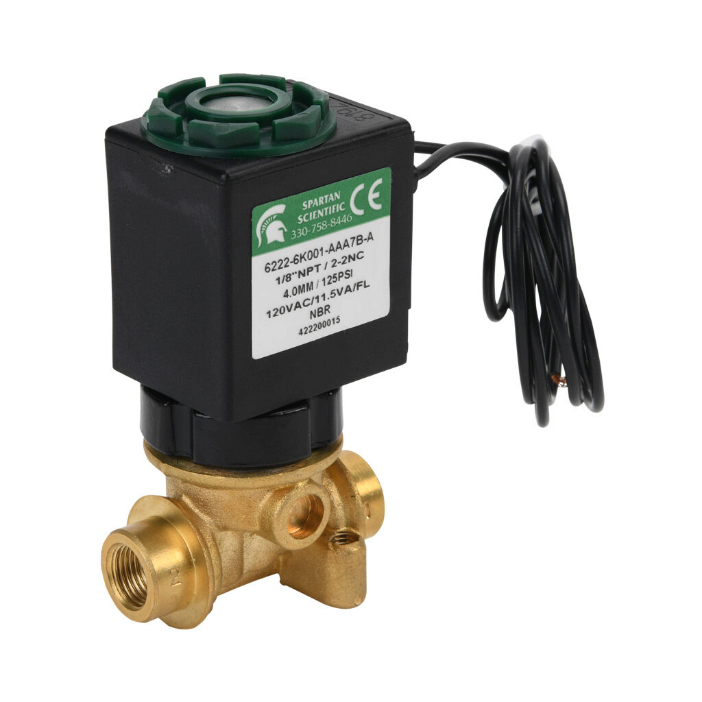6222-6K001-AAA7B-A - Spartan solenoid valve, 2-way, 2-position, N.C., low lead brass body, FKM seal(s), 1/8in female NPT inlet(s), 1/8in female NPT outlet(s), Cv=0.52, vacuum minimum operating pressure, 120 VAC operating voltage, 18in 22 AWG pigtail.