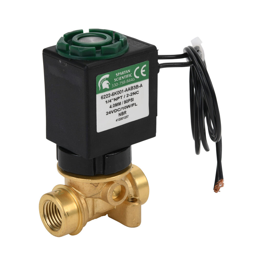 6222-6K001-AAB3B-A - Spartan solenoid valve, 2-way, 2-position, N.C., low lead brass body, FKM seal(s), 1/4in female NPT inlet(s), 1/4in female NPT outlet(s), Cv=0.52, vacuum minimum operating pressure, 24 VDC operating voltage, 18in 22 AWG pigtail.