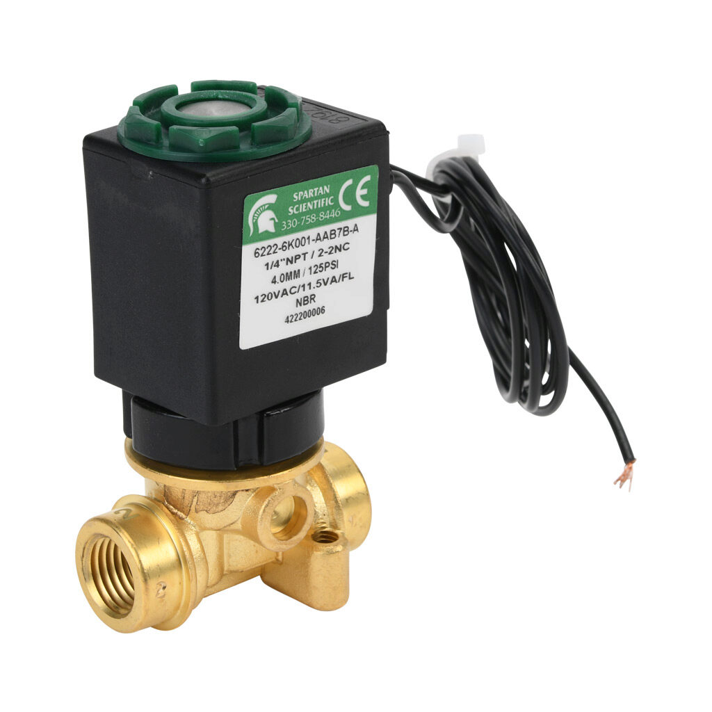 6222-6K001-AAB7B-A - Spartan solenoid valve, 2-way, 2-position, N.C., low lead brass body, FKM seal(s), 1/4in female NPT inlet(s), 1/4in female NPT outlet(s), Cv=0.52, vacuum minimum operating pressure, 120 VAC operating voltage, 18in 22 AWG pigtail.