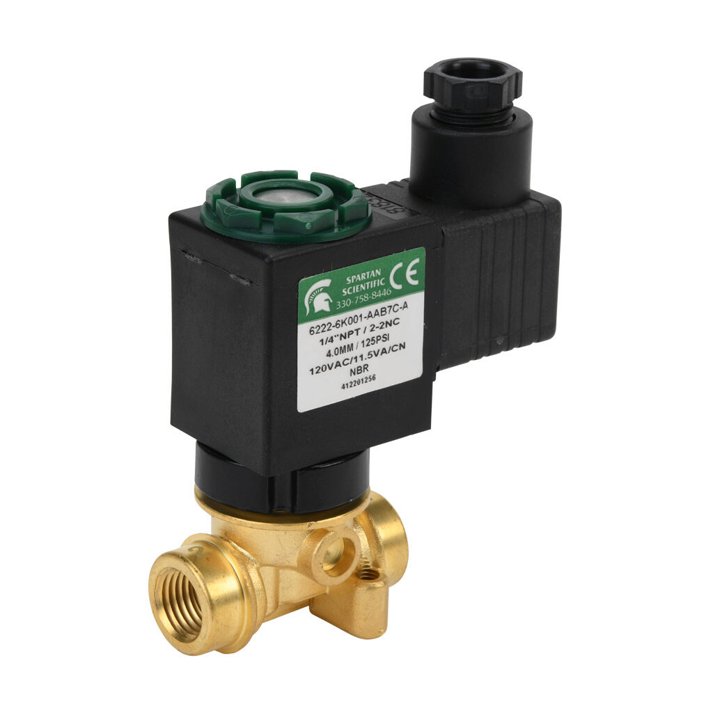 6222-6K001-AAB7C-A - Spartan solenoid valve, 2-way, 2-position, N.C., low lead brass body, FKM seal(s), 1/4in female NPT inlet(s), 1/4in female NPT outlet(s), Cv=0.52, vacuum minimum operating pressure, 120 VAC operating voltage, 18mm DIN style wi...