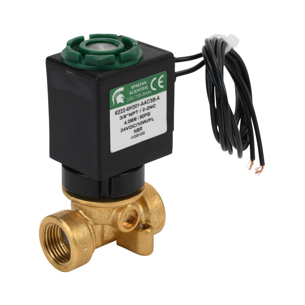 6222-6K001-AAC3B-A - Spartan solenoid valve, 2-way, 2-position, N.C., low lead brass body, FKM seal(s), 3/8in female NPT inlet(s), 3/8in female NPT outlet(s), Cv=0.52, vacuum minimum operating pressure, 24 VDC operating voltage, 18in 22 AWG pigtail.