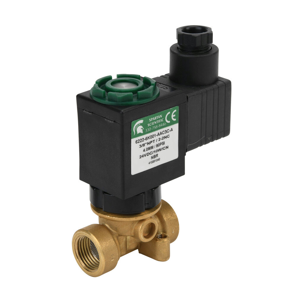 6222-6K001-AAC3C-A - Spartan solenoid valve, 2-way, 2-position, N.C., low lead brass body, FKM seal(s), 3/8in female NPT inlet(s), 3/8in female NPT outlet(s), Cv=0.52, vacuum minimum operating pressure, 24 VDC operating voltage, 18mm DIN style wir...