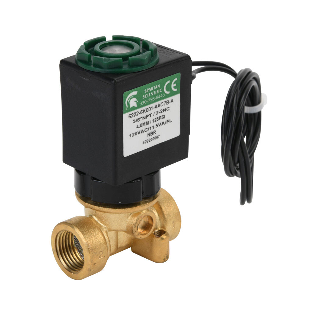 6222-6K001-AAC7B-A - Spartan solenoid valve, 2-way, 2-position, N.C., low lead brass body, FKM seal(s), 3/8in female NPT inlet(s), 3/8in female NPT outlet(s), Cv=0.52, vacuum minimum operating pressure, 120 VAC operating voltage, 18in 22 AWG pigtail.