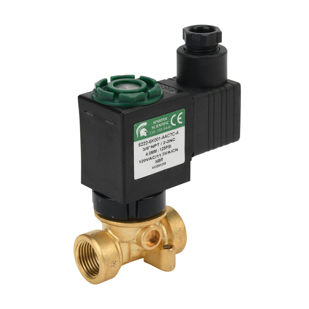 6222-6K001-AAC7C-A - Spartan solenoid valve, 2-way, 2-position, N.C., low lead brass body, FKM seal(s), 3/8in female NPT inlet(s), 3/8in female NPT outlet(s), Cv=0.52, vacuum minimum operating pressure, 120 VAC operating voltage, 18mm DIN style wi...
