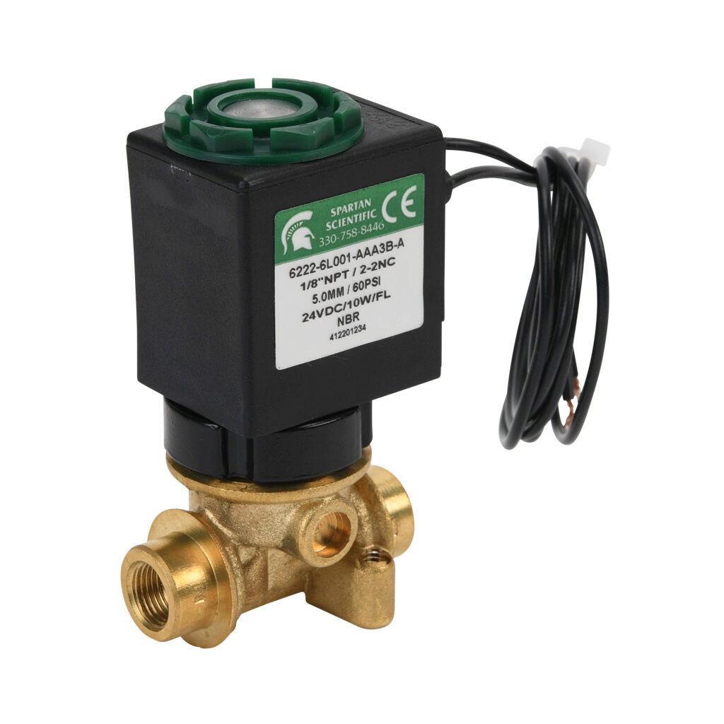 6222-6L001-AAA3B-A - Spartan solenoid valve, 2-way, 2-position, N.C., low lead brass body, FKM seal(s), 1/8in female NPT inlet(s), 1/8in female NPT outlet(s), Cv=0.61, vacuum minimum operating pressure, 24 VDC operating voltage, 18in 22 AWG pigtail.