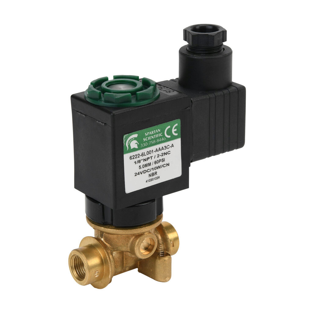 6222-6L001-AAA3C-A - Spartan solenoid valve, 2-way, 2-position, N.C., low lead brass body, FKM seal(s), 1/8in female NPT inlet(s), 1/8in female NPT outlet(s), Cv=0.61, vacuum minimum operating pressure, 24 VDC operating voltage, 18mm DIN style wir...