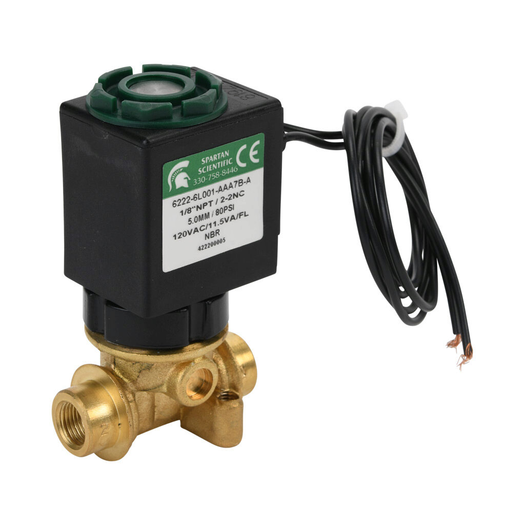 6222-6L001-AAA7B-A - Spartan solenoid valve, 2-way, 2-position, N.C., low lead brass body, FKM seal(s), 1/8in female NPT inlet(s), 1/8in female NPT outlet(s), Cv=0.61, vacuum minimum operating pressure, 120 VAC operating voltage, 18in 22 AWG pigtail.