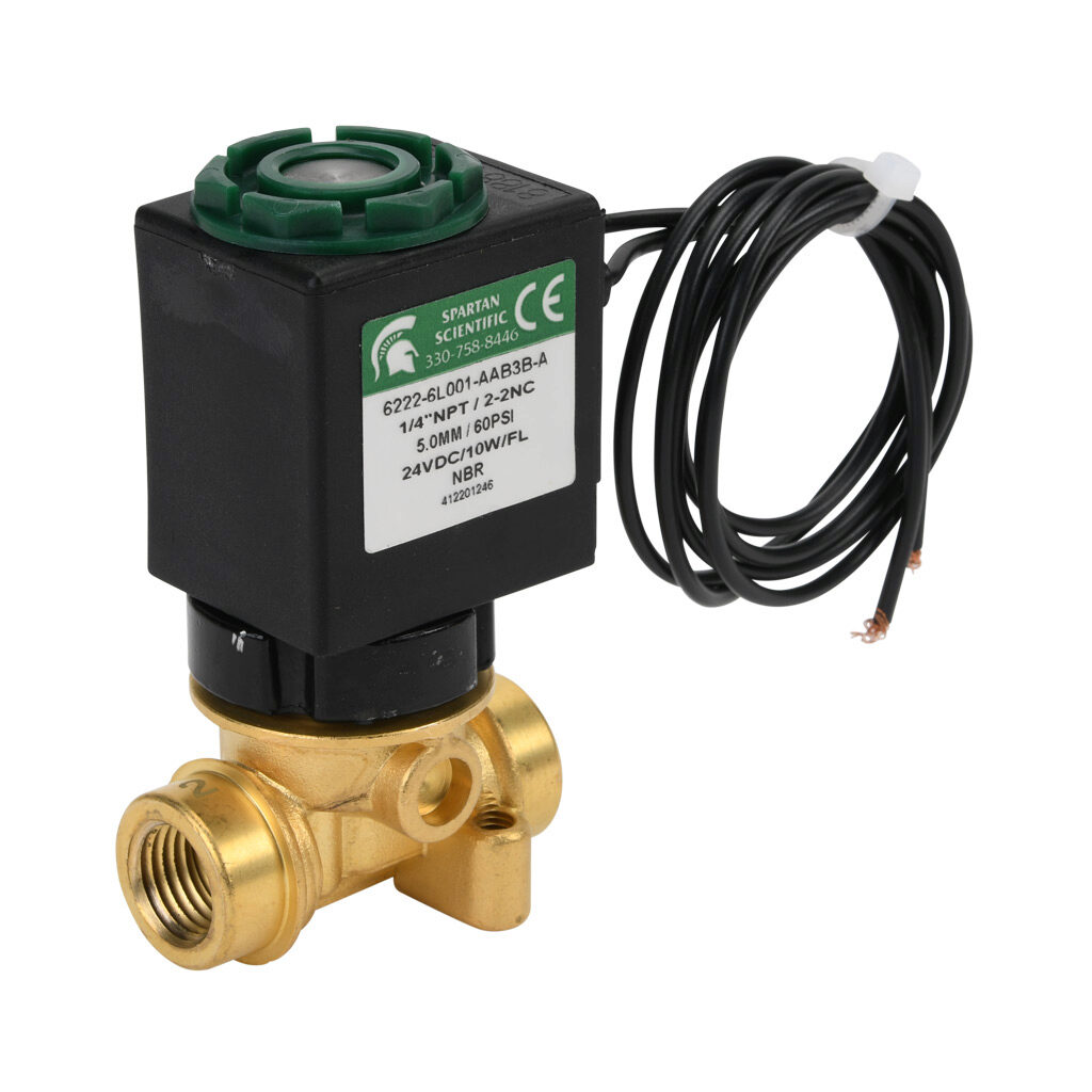 6222-6L001-AAB3B-A - Spartan solenoid valve, 2-way, 2-position, N.C., low lead brass body, FKM seal(s), 1/4in female NPT inlet(s), 1/4in female NPT outlet(s), Cv=0.61, vacuum minimum operating pressure, 24 VDC operating voltage, 18in 22 AWG pigtail.