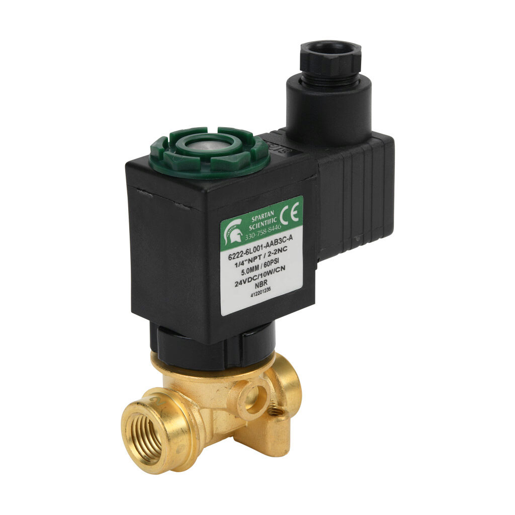 6222-6L001-AAB3C-A - Spartan solenoid valve, 2-way, 2-position, N.C., low lead brass body, FKM seal(s), 1/4in female NPT inlet(s), 1/4in female NPT outlet(s), Cv=0.61, vacuum minimum operating pressure, 24 VDC operating voltage, 18mm DIN style wir...