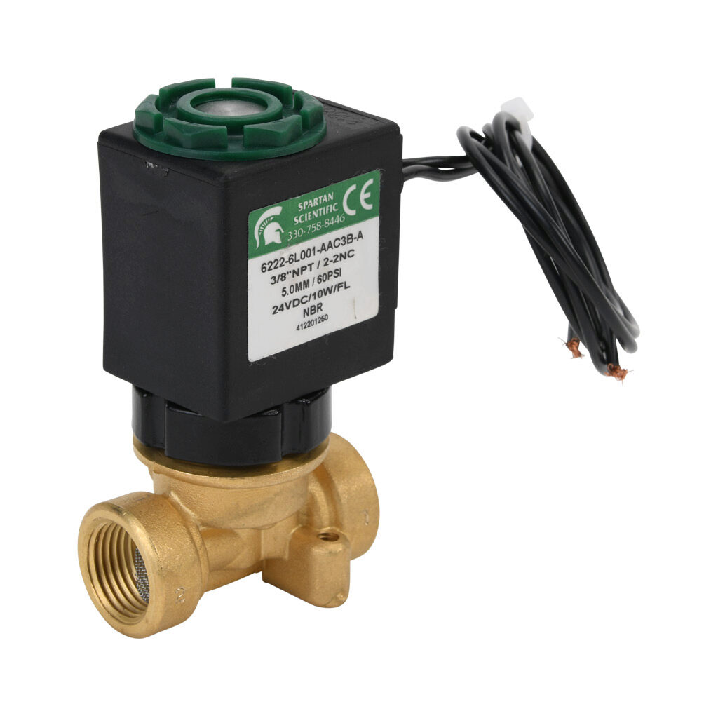 6222-6L001-AAC3B-A - Spartan solenoid valve, 2-way, 2-position, N.C., low lead brass body, FKM seal(s), 3/8in female NPT inlet(s), 3/8in female NPT outlet(s), Cv=0.61, vacuum minimum operating pressure, 24 VDC operating voltage, 18in 22 AWG pigtail.