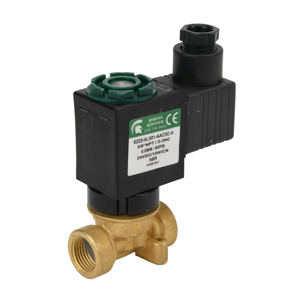 6222-6L001-AAC3C-A - Spartan solenoid valve, 2-way, 2-position, N.C., low lead brass body, FKM seal(s), 3/8in female NPT inlet(s), 3/8in female NPT outlet(s), Cv=0.61, vacuum minimum operating pressure, 24 VDC operating voltage, 18mm DIN style wir...