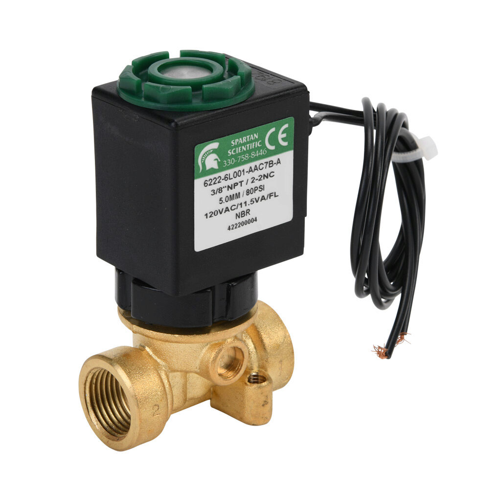 6222-6L001-AAC7B-A - Spartan solenoid valve, 2-way, 2-position, N.C., low lead brass body, FKM seal(s), 3/8in female NPT inlet(s), 3/8in female NPT outlet(s), Cv=0.61, vacuum minimum operating pressure, 120 VAC operating voltage, 18in 22 AWG pigtail.