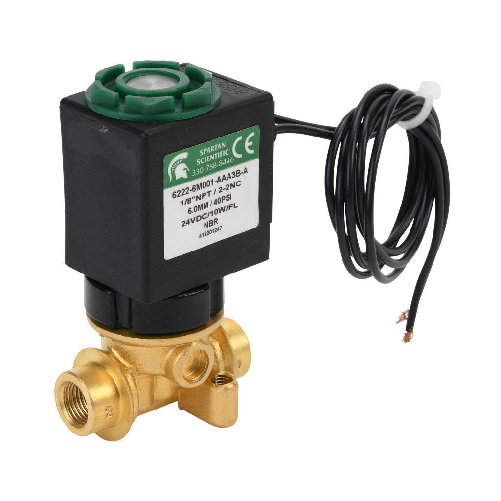 6222-6M001-AAA3B-A - Spartan solenoid valve, 2-way, 2-position, N.C., low lead brass body, FKM seal(s), 1/8in female NPT inlet(s), 1/8in female NPT outlet(s), Cv=0.72, vacuum minimum operating pressure, 24 VDC operating voltage, 18in 22 AWG pigtail.