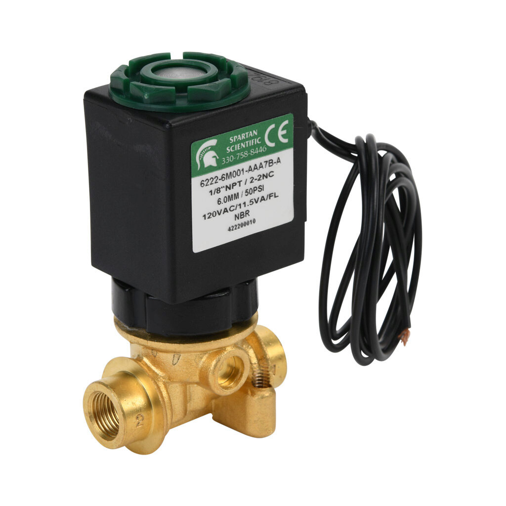 6222-6M001-AAA7B-A - Spartan solenoid valve, 2-way, 2-position, N.C., low lead brass body, FKM seal(s), 1/8in female NPT inlet(s), 1/8in female NPT outlet(s), Cv=0.72, vacuum minimum operating pressure, 120 VAC operating voltage, 18in 22 AWG pigtail.
