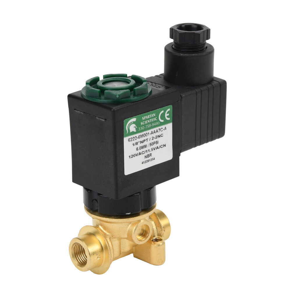 6222-6M001-AAA7C-A - Spartan solenoid valve, 2-way, 2-position, N.C., low lead brass body, FKM seal(s), 1/8in female NPT inlet(s), 1/8in female NPT outlet(s), Cv=0.72, vacuum minimum operating pressure, 120 VAC operating voltage, 18mm DIN style wi...