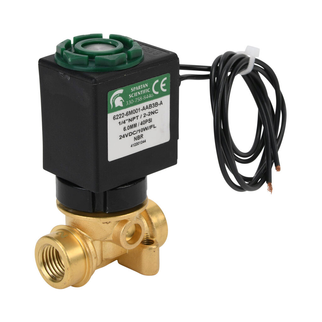 6222-6M001-AAB3B-A - Spartan solenoid valve, 2-way, 2-position, N.C., low lead brass body, FKM seal(s), 1/4in female NPT inlet(s), 1/4in female NPT outlet(s), Cv=0.72, vacuum minimum operating pressure, 24 VDC operating voltage, 18in 22 AWG pigtail.
