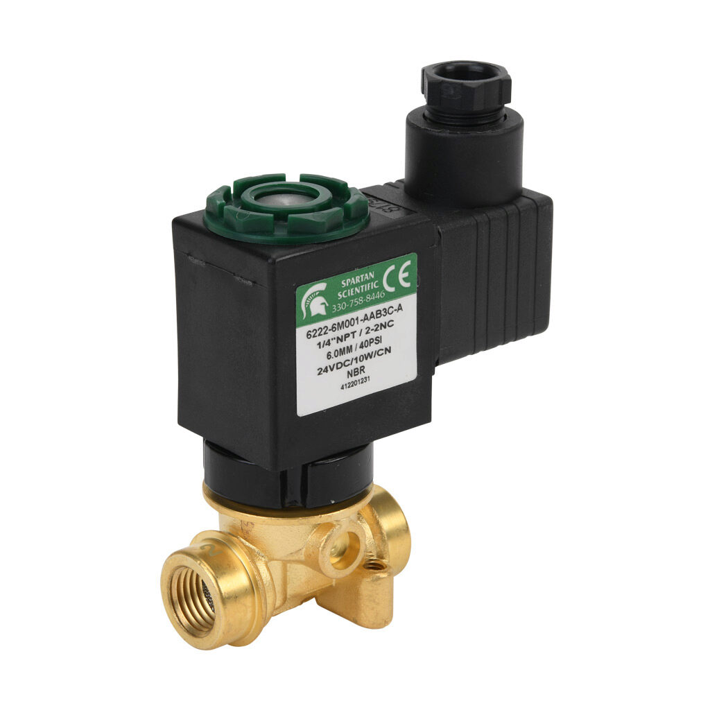 6222-6M001-AAB3C-A - Spartan solenoid valve, 2-way, 2-position, N.C., low lead brass body, FKM seal(s), 1/4in female NPT inlet(s), 1/4in female NPT outlet(s), Cv=0.72, vacuum minimum operating pressure, 24 VDC operating voltage, 18mm DIN style wir...