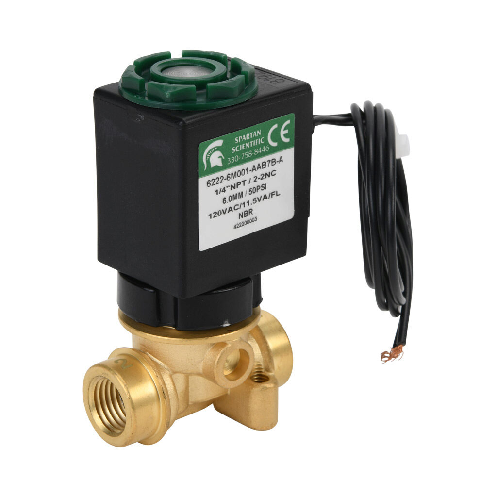 6222-6M001-AAB7B-A - Spartan solenoid valve, 2-way, 2-position, N.C., low lead brass body, FKM seal(s), 1/4in female NPT inlet(s), 1/4in female NPT outlet(s), Cv=0.72, vacuum minimum operating pressure, 120 VAC operating voltage, 18in 22 AWG pigtail.