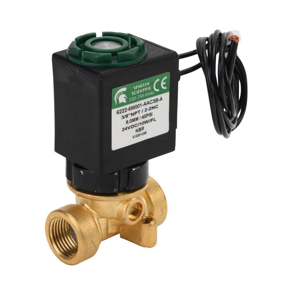 6222-6M001-AAC3B-A - Spartan solenoid valve, 2-way, 2-position, N.C., low lead brass body, FKM seal(s), 3/8in female NPT inlet(s), 3/8in female NPT outlet(s), Cv=0.72, vacuum minimum operating pressure, 24 VDC operating voltage, 18in 22 AWG pigtail.