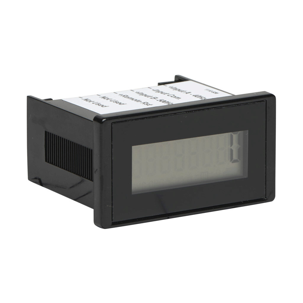 6301-2000-0000 - Trumeter electrical counter, 8mm 8-digit LCD, 10-300 VDC or 20-300 VAC input, remote reset, rectangular flush mount with clip, screw terminals.