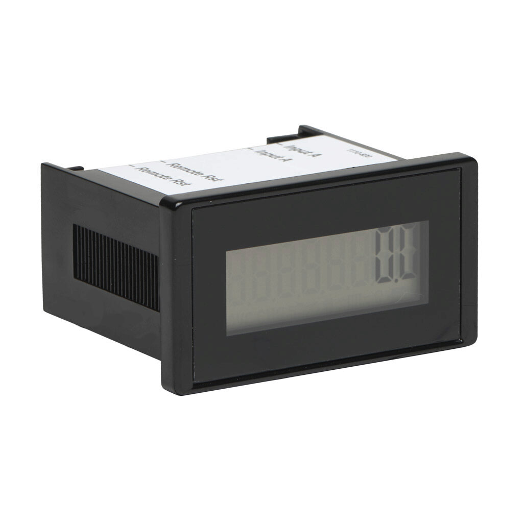 6320-2000-0000 - Trumeter electrical hour meter, 8mm 8-digit LCD, 10-300 VDC or 20-300 VAC input, remote reset, rectangular flush mount with clip, screw terminals.