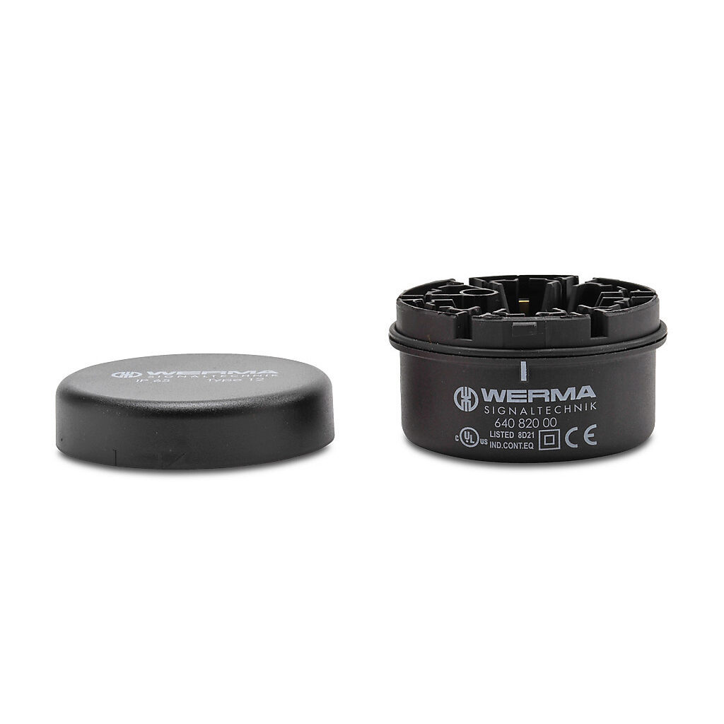 64082000 - WERMA terminal element, 70mm diameter, screw terminal, base or bracket mount, IP65. Cap and seal included.