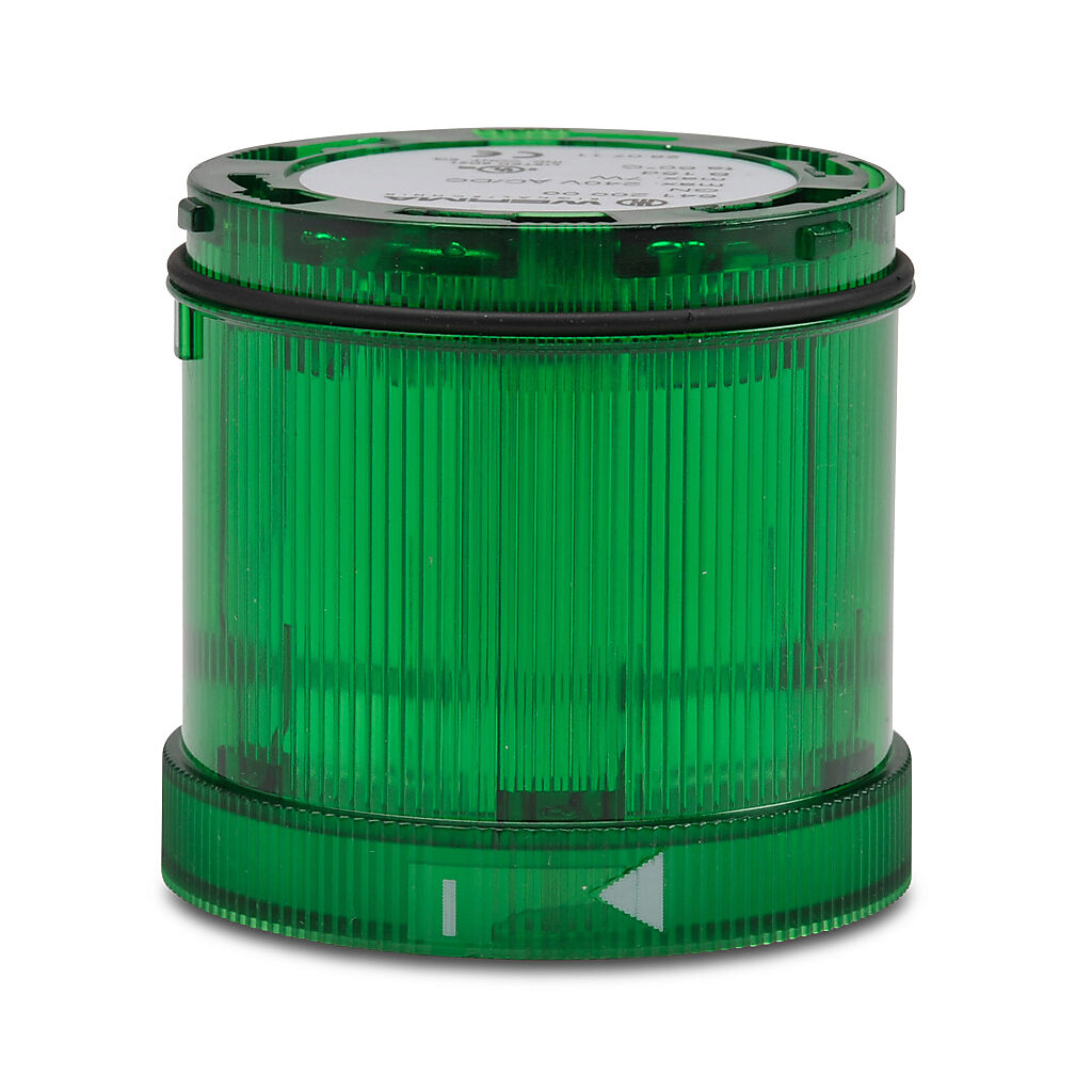 64120000 - WERMA incandescent light element, 70mm diameter, green, permanent light function, 12-240 VAC/VDC, colored lens, IP65. Requires incandescent bulb.