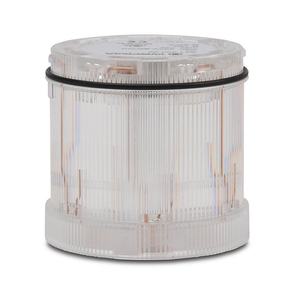 64140000 - WERMA incandescent light element, 70mm diameter, clear/white, permanent light function, 12-240 VAC/VDC, clear lens, IP65. Requires incandescent bulb.