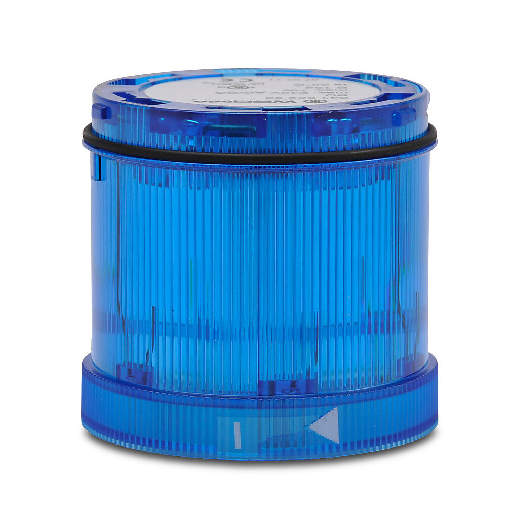 64150000 - WERMA incandescent light element, 70mm diameter, blue, permanent light function, 12-240 VAC/VDC, colored lens, IP65. Requires incandescent bulb.