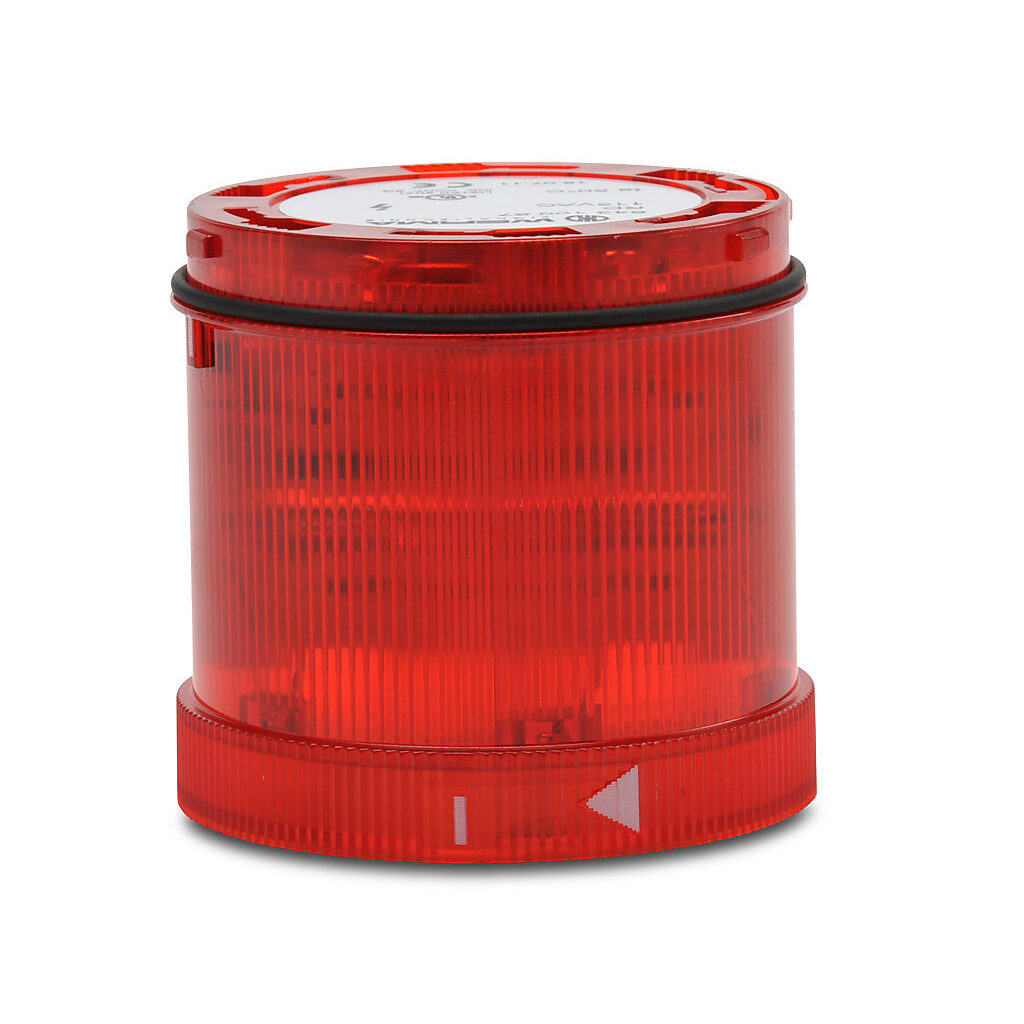 64310067 - WERMA Xenon tube light element, 70mm diameter, red, flashing strobe (1 Hz ON for 10ms) light function, 115 VAC, colored lens, IP65.