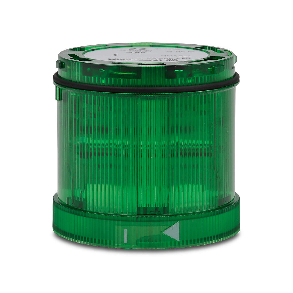 64320067 - WERMA Xenon tube light element, 70mm diameter, green, flashing strobe (1 Hz ON for 10ms) light function, 115 VAC, colored lens, IP65.