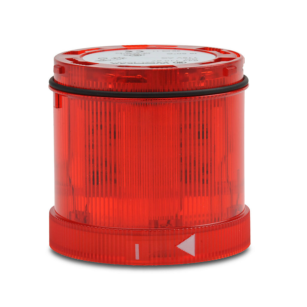 64411067 - WERMA LED light element, 70mm diameter, red, blinking (1 Hz ON for 550ms) light function, 115 VAC, colored lens, IP65.