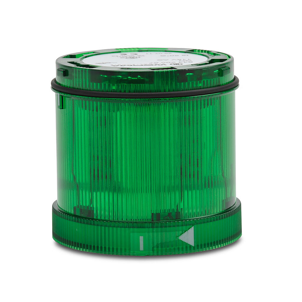 64420067 - WERMA LED light element, 70mm diameter, green, permanent light function, 115 VAC, colored lens, IP65.