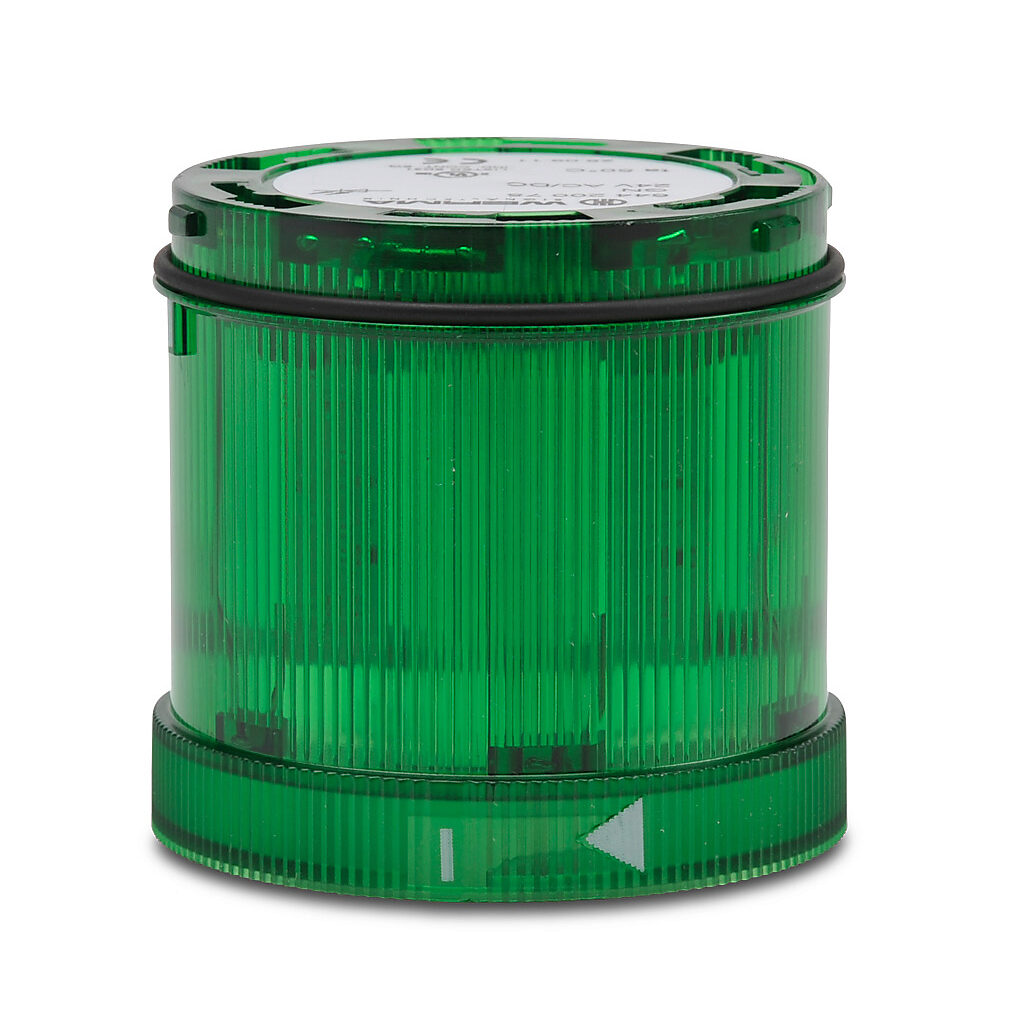 64420075 - WERMA LED light element, 70mm diameter, green, permanent light function, 24 VAC/VDC, colored lens, IP65.