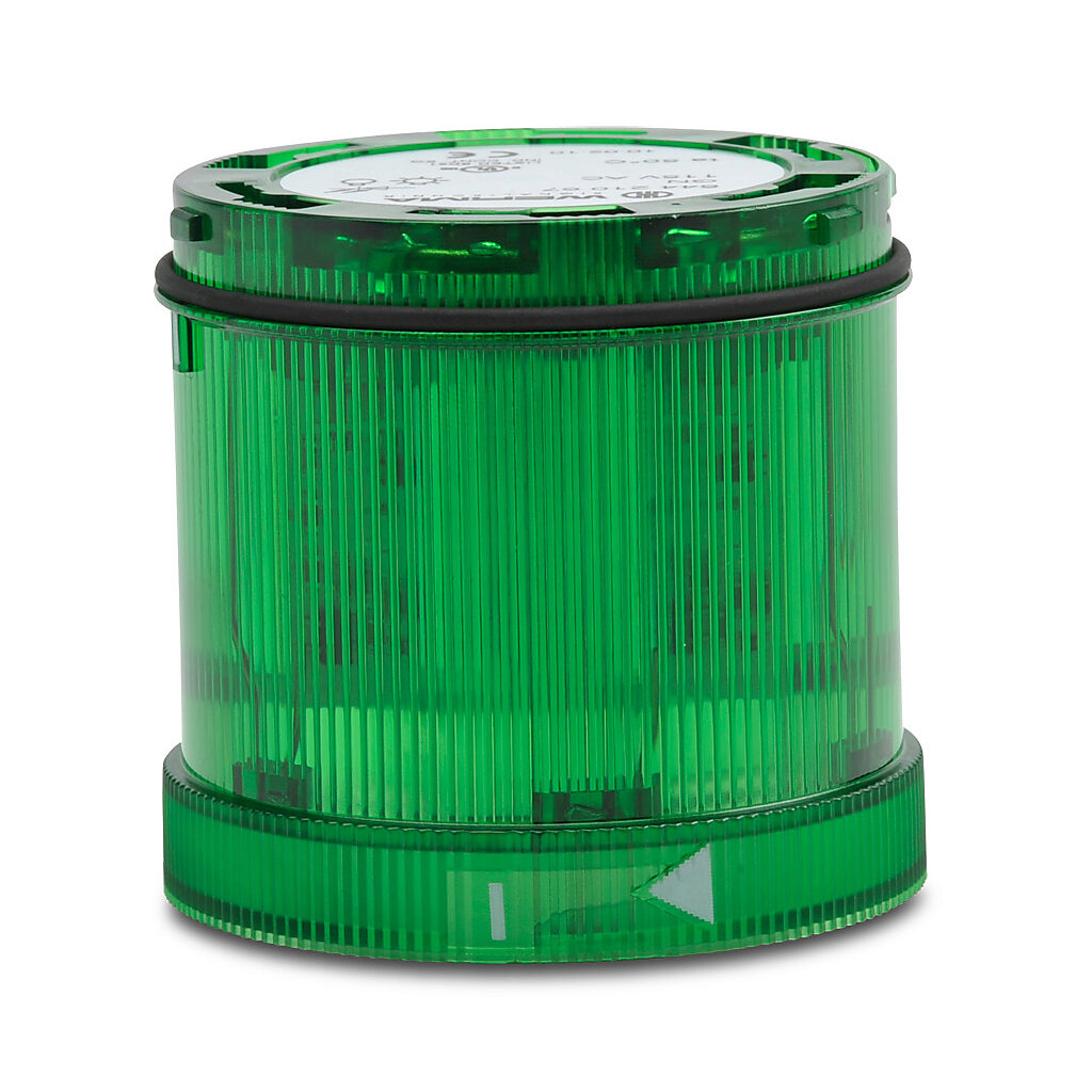 64421067 - WERMA LED light element, 70mm diameter, green, blinking (1 Hz ON for 550ms) light function, 115 VAC, colored lens, IP65.