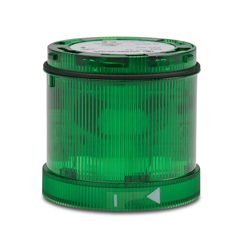 64422055 - WERMA LED light element, 70mm diameter, green, flashing (1 Hz ON for 2x10ms) light function, 24 VDC, colored lens, IP65.