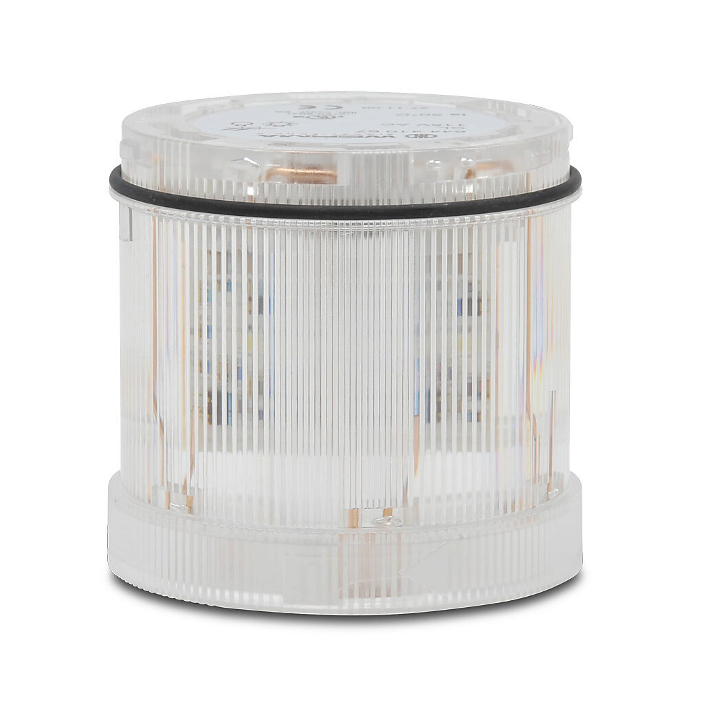 64441067 - WERMA LED light element, 70mm diameter, clear/white, blinking (1 Hz ON for 550ms) light function, 115 VAC, clear lens, IP65.
