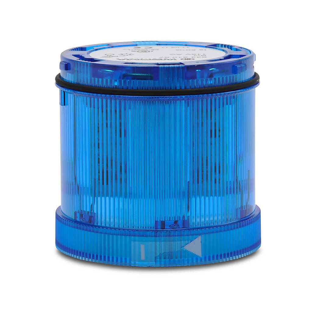 64451067 - WERMA LED light element, 70mm diameter, blue, blinking (1 Hz ON for 550ms) light function, 115 VAC, colored lens, IP65.
