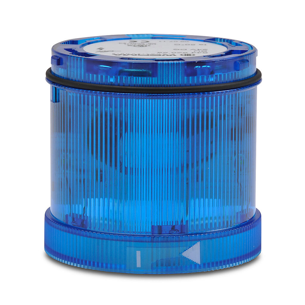 64452055 - WERMA LED light element, 70mm diameter, blue, flashing (1 Hz ON for 2x10ms) light function, 24 VDC, colored lens, IP65.