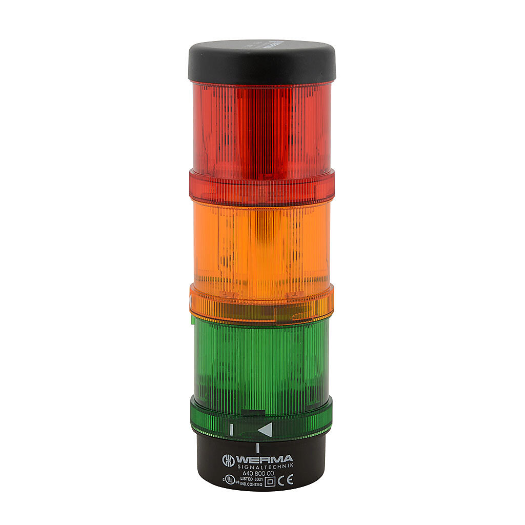 64924001 - WERMA LED signal tower, (3) tiers, 70mm diameter, red/yellow/green, permanent light function, 115 VAC, colored lens, 210.2mm body length, black, 360 degree viewing angle, bracket mount, IP65.