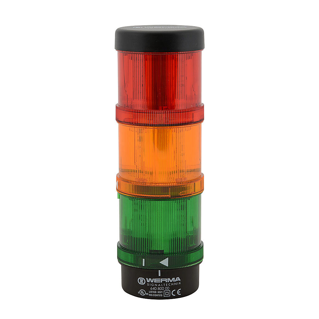 64924002 - WERMA LED signal tower, (3) tiers, 70mm diameter, red/yellow/green, permanent light function, 24 VAC/VDC, colored lens, 210.2mm body length, black, 360 degree viewing angle, bracket mount, IP65.