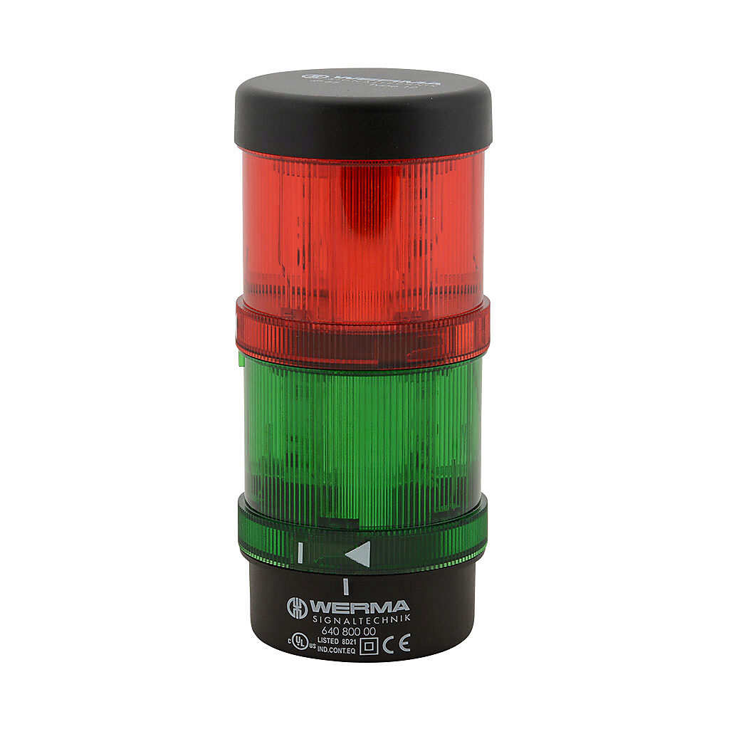 64924003 - WERMA LED signal tower, (2) tiers, 70mm diameter, red/green, permanent light function, 115 VAC, colored lens, 154.2mm body length, black, 360 degree viewing angle, bracket mount, IP65.