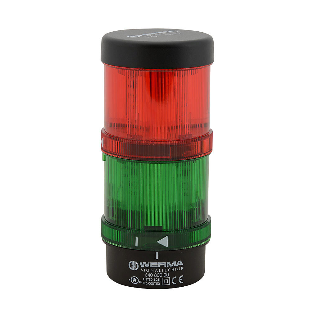 64924004 - WERMA LED signal tower, (2) tiers, 70mm diameter, red/green, permanent light function, 24 VAC/VDC, colored lens, 154.2mm body length, black, 360 degree viewing angle, bracket mount, IP65.