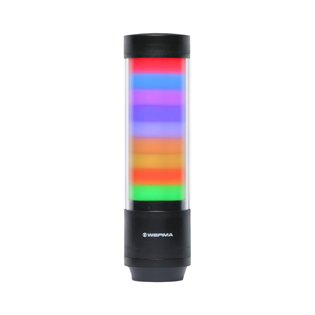 65700055 - WERMA eSIGN series LED signal tower, black, (9) tiers, 72mm diameter, custom programmable colors, selectable multi light function, 24 VDC, 360 degree viewing angle, 8-pin M12 A-coded, base or tube mount, IP66 and IP69K.