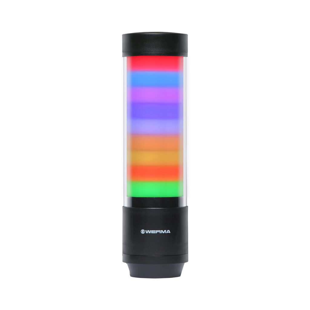 65701055 - WERMA eSIGN series LED signal tower, black, (9) tiers, 72mm diameter, custom programmable colors, selectable multi light function, 24 VDC, 360 degree viewing angle, 4-pin M12 A-coded (IO-Link), base or tube mount, IP66 and IP69K.